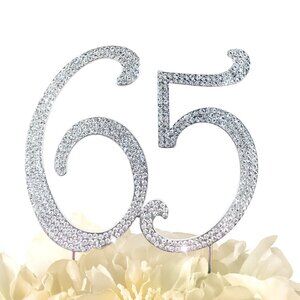 Rhinestone Cake Topper - Number 65 - Silver Metal with Czech Rhinestones